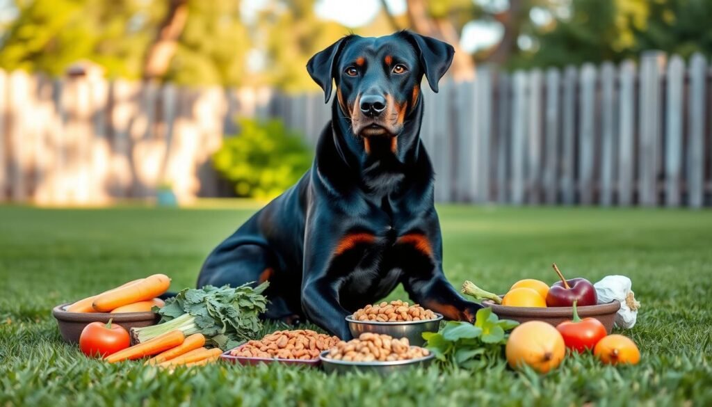 A black Lab-Doberman mix sitting on a soft, green lawn, surrounded by an array of nutritious dog food options such as fresh vegetables, high-quality kibble, and fruits. The dog's sleek, muscular build and glossy coat gleam under soft, natural sunlight, highlighting its intelligent and alert expression. In the background, a spacious, serene backyard with a wooden fence and trees swaying gently in the breeze adds depth to the scene. The image is captured from a slightly elevated angle, providing a clear view of both the dog and its healthy food spread, creating a warm, inviting atmosphere that emphasizes care and nutrition. The colors are vibrant yet balanced, evoking a sense of well-being and vitality. A black Lab-Doberman mix sitting on a soft, green lawn, surrounded by an array of nutritious dog food options such as fresh vegetables, high-quality kibble, and fruits. The dog's sleek, muscular build and glossy coat gleam under soft, natural sunlight, highlighting its intelligent and alert expression. In the background, a spacious, serene backyard with a wooden fence and trees swaying gently in the breeze adds depth to the scene. The image is captured from a slightly elevated angle, providing a clear view of both the dog and its healthy food spread, creating a warm, inviting atmosphere that emphasizes care and nutrition. The colors are vibrant yet balanced, evoking a sense of well-being and vitality.