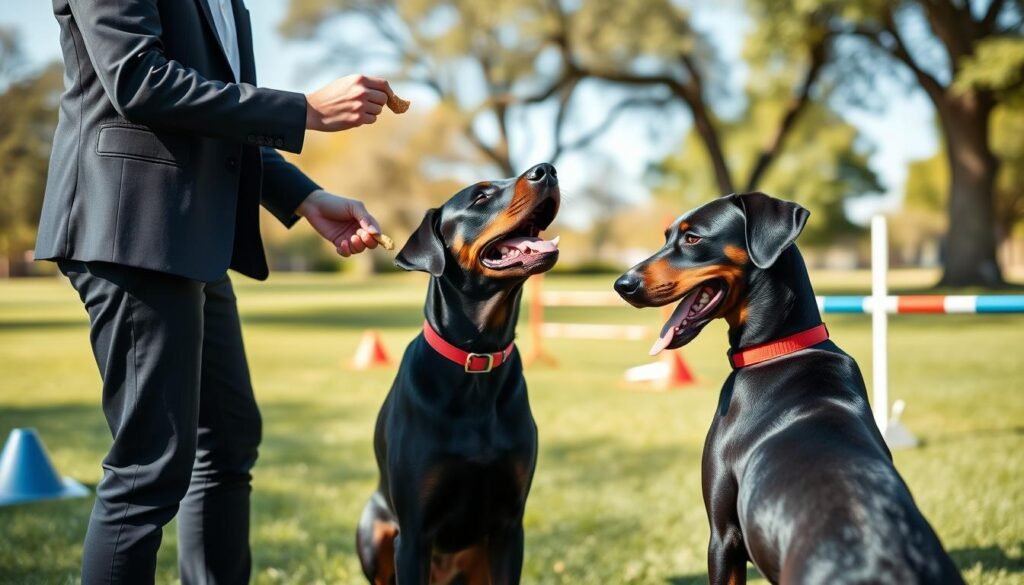 A black Labrador and Doberman mix dog is being trained by a professional dog trainer in a park setting. In the foreground, the trainer, dressed in smart casual attire, is using positive reinforcement techniques, holding a treat in one hand and guiding the dog with the other. The dog, boasting a sleek black coat with well-defined features characteristic of both breeds, is attentively focused on the trainer. In the middle ground, a lush green lawn is visible with some training equipment such as cones and a jump bar, enhancing the training atmosphere. In the background, there are soft-focus trees and a clear blue sky, creating an inviting, sunny day mood. The lighting is warm and natural, capturing the joyful interaction between the trainer and the dog, emphasizing the bond created through training. A black Labrador and Doberman mix dog is being trained by a professional dog trainer in a park setting. In the foreground, the trainer, dressed in smart casual attire, is using positive reinforcement techniques, holding a treat in one hand and guiding the dog with the other. The dog, boasting a sleek black coat with well-defined features characteristic of both breeds, is attentively focused on the trainer. In the middle ground, a lush green lawn is visible with some training equipment such as cones and a jump bar, enhancing the training atmosphere. In the background, there are soft-focus trees and a clear blue sky, creating an inviting, sunny day mood. The lighting is warm and natural, capturing the joyful interaction between the trainer and the dog, emphasizing the bond created through training.