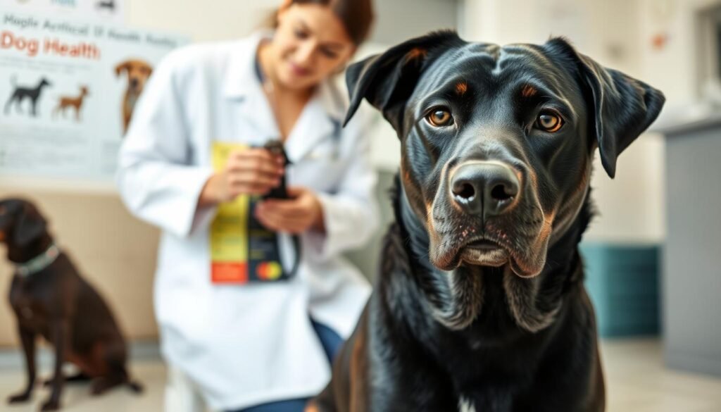 A black Labrador mixed with a Doberman sits at a veterinary clinic, exhibiting signs of common health issues. In the foreground, focus on the dog with its glossy black coat and muscular build, showcasing its worried expression and a slightly cocked head. The middle ground features a veterinarian examining the dog, wearing a white coat, gently holding its paw with a concerned look. In the background, a clinical setting with medical posters about dog health and care tips is subtly visible. Use soft, natural lighting to create a calm atmosphere, and capture the scene from a slightly elevated angle to convey the seriousness of health considerations while emphasizing the bond between the dog and the caretaker. A black Labrador mixed with a Doberman sits at a veterinary clinic, exhibiting signs of common health issues. In the foreground, focus on the dog with its glossy black coat and muscular build, showcasing its worried expression and a slightly cocked head. The middle ground features a veterinarian examining the dog, wearing a white coat, gently holding its paw with a concerned look. In the background, a clinical setting with medical posters about dog health and care tips is subtly visible. Use soft, natural lighting to create a calm atmosphere, and capture the scene from a slightly elevated angle to convey the seriousness of health considerations while emphasizing the bond between the dog and the caretaker.