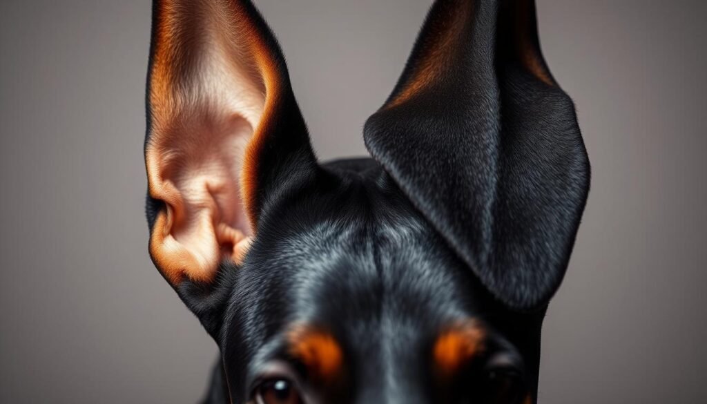 A close-up of a Doberman Pinscher's ears, one cropped and one natural, showcasing the stark differences in shape and appearance. The foreground highlights the textures of the fur and the fine details of the ears, with soft lighting that accentuates their features. The cropped ear appears more upright and angular, while the natural ear is longer and more relaxed, both set against a neutral background that emphasizes their contrast. Use a shallow depth of field to focus on the ears, creating a blurred effect around the edges. The mood should be contemplative, inviting viewers to consider the implications of ear cropping, while maintaining a sense of elegance and dignity in the portrayal of this noble breed. A close-up of a Doberman Pinscher's ears, one cropped and one natural, showcasing the stark differences in shape and appearance. The foreground highlights the textures of the fur and the fine details of the ears, with soft lighting that accentuates their features. The cropped ear appears more upright and angular, while the natural ear is longer and more relaxed, both set against a neutral background that emphasizes their contrast. Use a shallow depth of field to focus on the ears, creating a blurred effect around the edges. The mood should be contemplative, inviting viewers to consider the implications of ear cropping, while maintaining a sense of elegance and dignity in the portrayal of this noble breed.