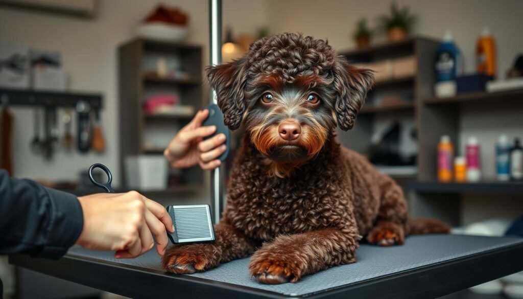 A close-up of a Doberman-Poodle mix sitting gracefully on a grooming table, showcasing its stunning chocolate coat with a curly texture. The dog is being groomed by a professional groomer, dressed in smart casual attire, using a slicker brush and scissors. In the foreground, the groomer's focused hands demonstrate careful grooming techniques. The middle layer features the dog’s expressive eyes and alert ears, emphasizing its playful yet sophisticated demeanor. In the background, a well-organized grooming space with soft lighting highlights various grooming tools and products, creating a calming and professional atmosphere. The overall mood is serene and attentive, highlighting the care requirements for Doberman Poodles. A close-up of a Doberman-Poodle mix sitting gracefully on a grooming table, showcasing its stunning chocolate coat with a curly texture. The dog is being groomed by a professional groomer, dressed in smart casual attire, using a slicker brush and scissors. In the foreground, the groomer's focused hands demonstrate careful grooming techniques. The middle layer features the dog’s expressive eyes and alert ears, emphasizing its playful yet sophisticated demeanor. In the background, a well-organized grooming space with soft lighting highlights various grooming tools and products, creating a calming and professional atmosphere. The overall mood is serene and attentive, highlighting the care requirements for Doberman Poodles.