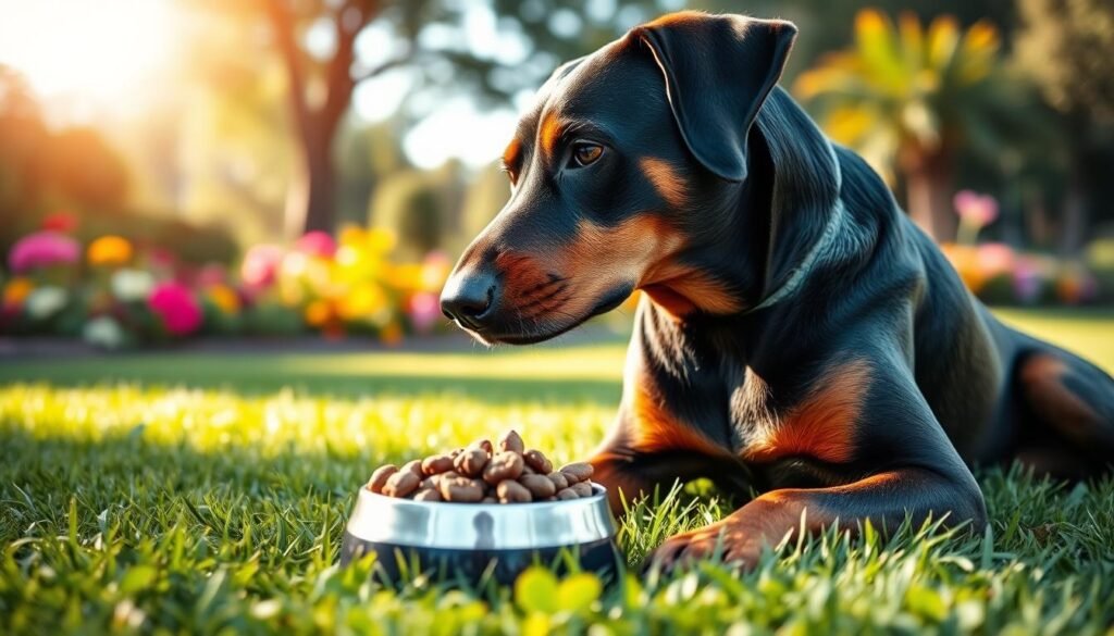 A close-up of a Rottweiler and Doberman mix sitting on a lush green lawn, showcasing its strong physique and glossy coat. The dog is looking curiously at a bowl filled with high-quality dog food, emphasizing the importance of nutrition. In the background, there’s a sunlit garden with colorful flowers and trees, creating a serene and inviting atmosphere. Soft, natural lighting enhances the dog's features, while a shallow depth of field draws focus to the dog and the food bowl. Capture the essence of vitality and health, highlighting the bond between the pet and its diet. The overall mood is warm, inviting, and informative, perfect for understanding the needs of a mixed breed dog's nutrition.