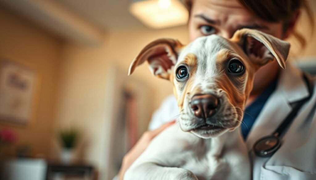 A close-up of a concerned veterinarian examining a healthy white Doberman puppy, showcasing a focus on the puppy’s ears and eyes, highlighting common health issues like ear infections and genetic sensitivity. The background features a softly blurred veterinary office with warm, natural lighting, creating a caring and professional atmosphere. In the foreground, the vet, wearing a white lab coat and professional attire, gently holds the puppy to emphasize the bond and trust. The angle is slightly overhead, capturing the puppy's curious expression and the vet's attentive demeanor. The image should evoke a sense of responsibility and care in pet ownership, suitable for an educational article about Doberman health considerations.