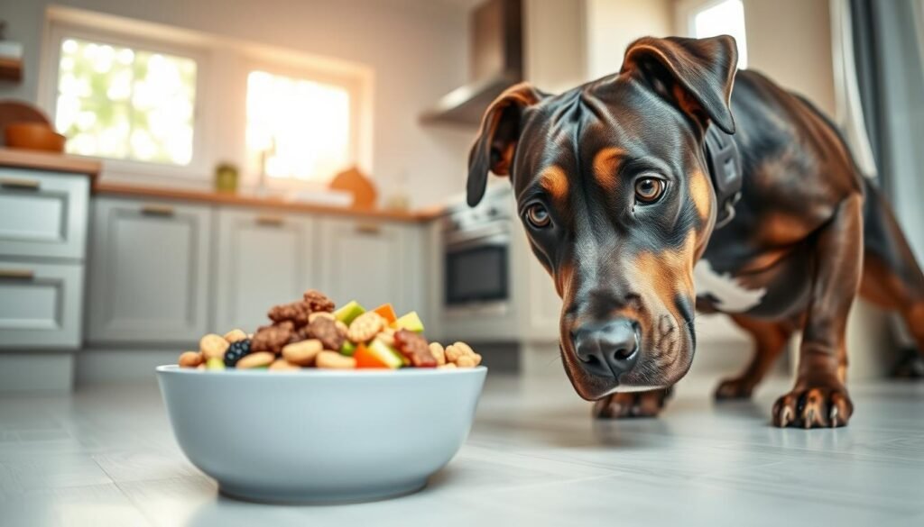 A close-up of a vibrant bowl filled with a balanced diet tailored for a Doberman-Pitbull mix, emphasizing high-protein kibble mixed with fresh vegetables and lean meats. In the foreground, the bowl sits on a clean, modern kitchen floor. The middle ground shows a curious, muscular Doberman-Pitbull mix looking at the bowl with keen interest, showcasing its sleek coat and alert expression. The background features a bright, inviting kitchen setting with natural light streaming through a window, creating a warm and friendly atmosphere. Capture this with a slight angle to enhance depth, focusing on the dog’s attentive nature and the colorful, nutritious meal, highlighting the energy-boosting elements needed for an active hybrid dog.