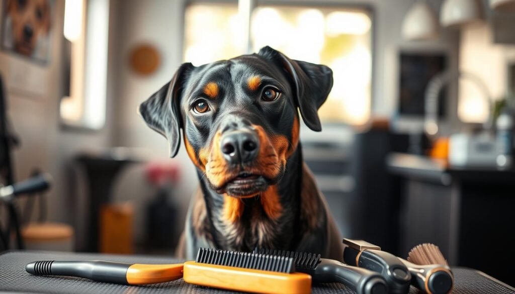 A close-up portrait of a Doberman-Rottweiler mix dog with floppy ears, showcasing its glossy, dark coat and muscular build. The dog is sitting attentively on a grooming table, with a background of soft, blurred pet grooming salon. In the foreground, grooming tools like brushes and clippers are artfully arranged, indicating the care regimen expected for this mix. Natural light streams in from a nearby window, creating a warm and inviting atmosphere, while the shallow depth of field focuses on the dog's friendly expression and alert eyes. The overall mood conveys a sense of care and affection, emphasizing the grooming needs of this unique breed mix.