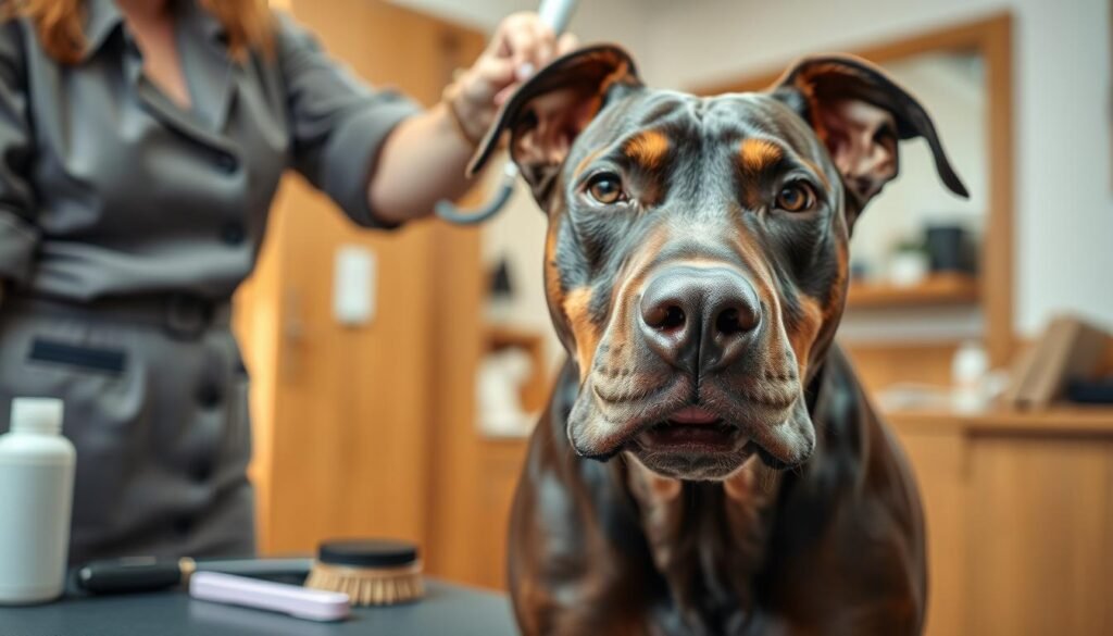 A close-up scene featuring a Doberman-Pitbull mix being groomed, showcasing its sleek, muscular body and short coat. In the foreground, a groomer in smart casual attire gently brushes the dog's fur, highlighting the dog's strong jawline and distinctive features. The middle layer captures the grooming tools, including a brush and dog shampoo, placed neatly on a table, while the background subtly includes a warm, inviting dog grooming salon with soft lighting and wooden accents. The atmosphere is calm and soothing, enhancing the bond between the groomer and the dog. The lighting is natural, casting soft shadows and emphasizing the dog's shiny coat, creating a professional yet friendly vibe. The image is free of any text or distractions. A close-up scene featuring a Doberman-Pitbull mix being groomed, showcasing its sleek, muscular body and short coat. In the foreground, a groomer in smart casual attire gently brushes the dog's fur, highlighting the dog's strong jawline and distinctive features. The middle layer captures the grooming tools, including a brush and dog shampoo, placed neatly on a table, while the background subtly includes a warm, inviting dog grooming salon with soft lighting and wooden accents. The atmosphere is calm and soothing, enhancing the bond between the groomer and the dog. The lighting is natural, casting soft shadows and emphasizing the dog's shiny coat, creating a professional yet friendly vibe. The image is free of any text or distractions.