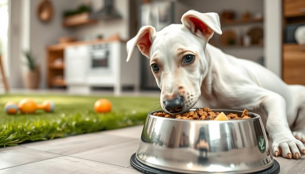 A close-up shot of a healthy white Doberman puppy eagerly eating from a high-quality dog bowl filled with nutritious dog food. In the foreground, the puppy's shiny coat and bright eyes reflect vitality, while the bowl is filled with fresh ingredients like kibble, fruits, and vegetables, symbolizing balanced nutrition. The middle ground features a grassy area with a few toys, suggesting a playful environment, while the background showcases a soft-focus view of a cozy kitchen, emphasizing a nurturing home setting. Soft natural light spills in from a nearby window, creating a warm and inviting atmosphere, with a shallow depth of field that highlights the puppy and the food, conveying a sense of care and health.
