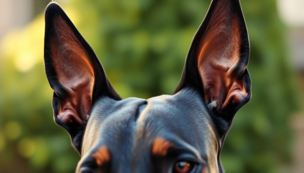 A close-up view of a Doberman's uncropped ears, showcasing their natural, elegant posture. The ears are alert and well-defined, tilted slightly forward to convey a sense of curiosity and attentiveness. Rich, glossy black fur contrasts beautifully with the serene background of a soft, blurred green garden setting, emphasizing the dog’s features. The lighting is warm and natural, highlighting the texture of the fur and the gentle curves of the ears. The image is taken from a low angle, focusing on the ears while softly blurring the surrounding elements to create a serene mood. No other distractions should be present, ensuring the focus remains solely on the Doberman's ears, capturing their distinctive beauty and character.