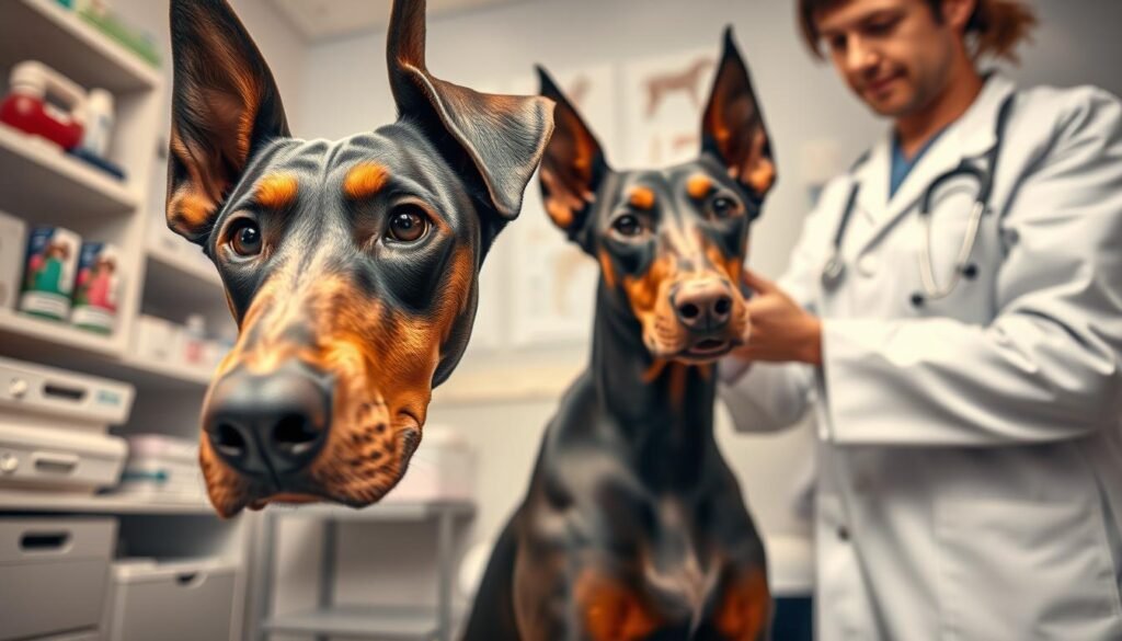 A concerned Doberman Pinscher sits in a veterinarian's examination room, showcasing its distinct sleek coat and muscular build. The foreground focuses on the dog's expressive eyes that convey discomfort, hinting at potential health issues. In the middle ground, a veterinarian in a white coat examines the dog, demonstrating a caring and professional demeanor. The background features medical equipment, such as a stethoscope, anatomical dog diagrams, and shelves filled with medical supplies, contributing to the clinic atmosphere. Soft, diffused lighting casts a warm glow, enhancing the mood of concern and compassion. The angle captures both the dog and the vet, emphasizing the bond and the importance of health in training and behavior. A concerned Doberman Pinscher sits in a veterinarian's examination room, showcasing its distinct sleek coat and muscular build. The foreground focuses on the dog's expressive eyes that convey discomfort, hinting at potential health issues. In the middle ground, a veterinarian in a white coat examines the dog, demonstrating a caring and professional demeanor. The background features medical equipment, such as a stethoscope, anatomical dog diagrams, and shelves filled with medical supplies, contributing to the clinic atmosphere. Soft, diffused lighting casts a warm glow, enhancing the mood of concern and compassion. The angle captures both the dog and the vet, emphasizing the bond and the importance of health in training and behavior.