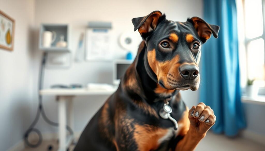 A concerned Doberman Rott mix dog sits in a vet's exam room, showcasing subtle signs of health issues such as a furrowed brow and alert posture. The foreground features the dog in focus, revealing its muscular build and distinctive markings, with the vet examining the dog's right paw for potential injuries. In the middle ground, a well-equipped veterinary table holds medical supplies like a stethoscope and charts, while the background displays calming blue and white veterinary decor. Soft, natural lighting filters in from a window, creating a warm atmosphere that balances concern and professionalism. The overall mood reflects the importance of regular health checks for this mixed breed, emphasizing their unique care needs without any text or distractions. A concerned Doberman Rott mix dog sits in a vet's exam room, showcasing subtle signs of health issues such as a furrowed brow and alert posture. The foreground features the dog in focus, revealing its muscular build and distinctive markings, with the vet examining the dog's right paw for potential injuries. In the middle ground, a well-equipped veterinary table holds medical supplies like a stethoscope and charts, while the background displays calming blue and white veterinary decor. Soft, natural lighting filters in from a window, creating a warm atmosphere that balances concern and professionalism. The overall mood reflects the importance of regular health checks for this mixed breed, emphasizing their unique care needs without any text or distractions.