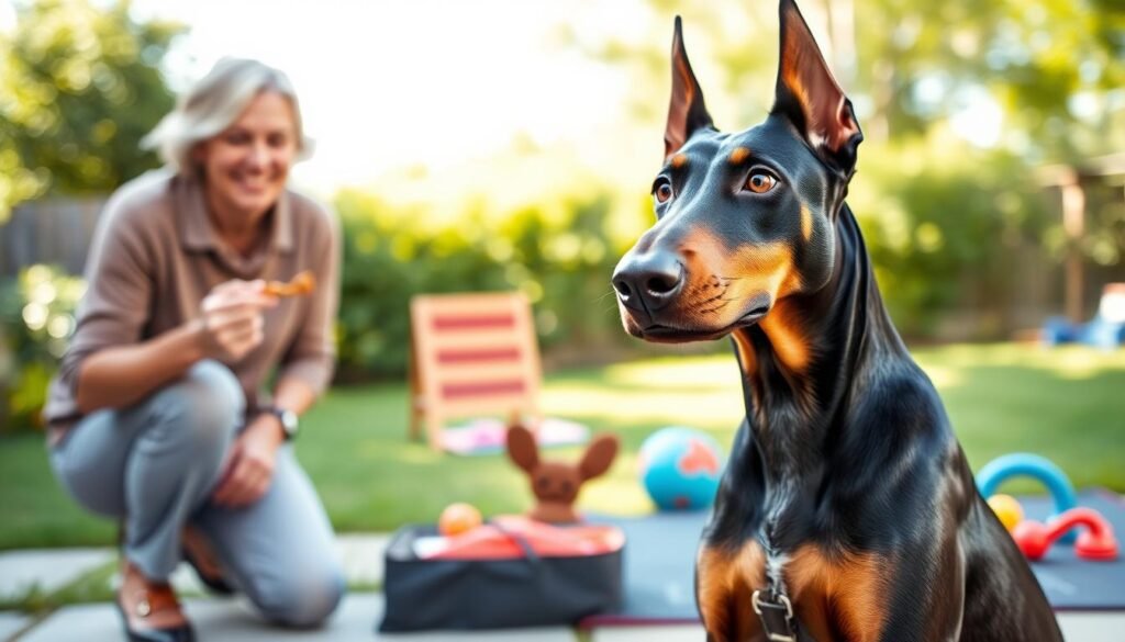 A confident Doberman Pinscher sits proudly in the foreground, showcasing its sleek, muscular build with a shiny coat, eyes bright with excitement. To the side, a middle-aged person in modest casual attire kneels with a treat in hand, smiling warmly to reinforce positive behavior. In the middle ground, a lush, green backyard is visible, filled with playful toys and a training mat, evoking a sense of fun and engagement. The background features a bright, sunny day with soft, diffused lighting casting gentle shadows, creating an uplifting atmosphere. The image captures the joyful bond between the dog and trainer, highlighting the essence of positive reinforcement techniques in a warm, inviting environment.