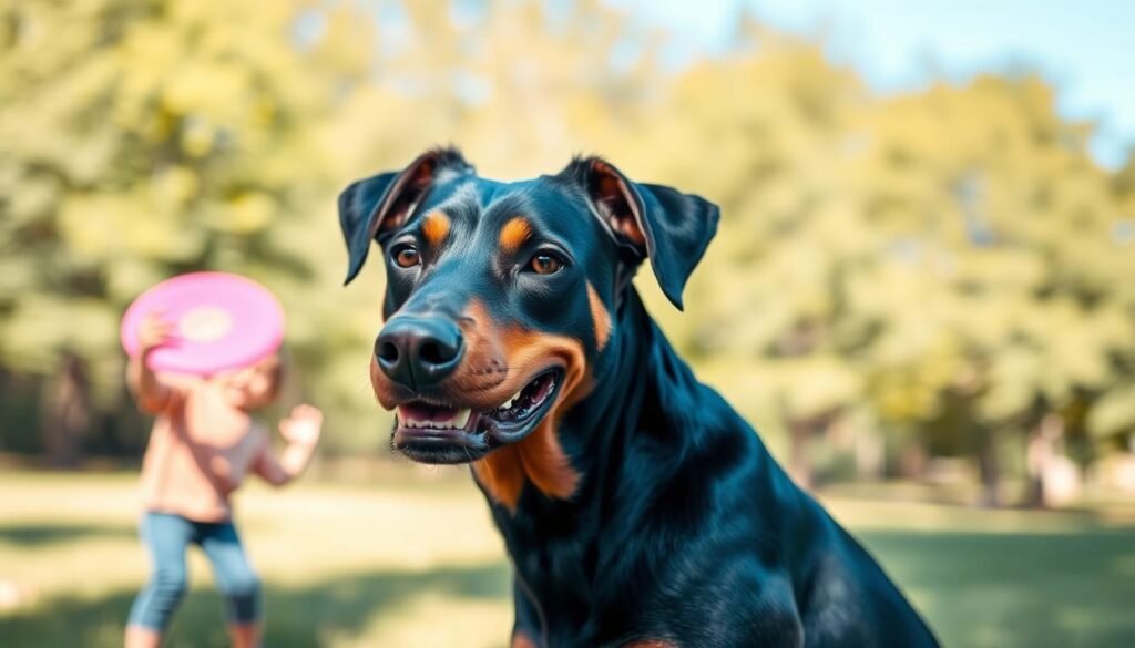 A confident Doberman Rott mix sitting proudly in a lush green park, displaying a muscular build with a sleek, shiny coat that blends the deep black of the Rottweiler and the elegant tan markings of the Doberman. The dog exhibits a friendly yet alert expression, embodying loyalty and intelligence. In the foreground, focus on the dog's face with a slight tilt, showcasing its keen eyes and strong jawline. In the middle ground, a playful interaction occurs with a child throwing a frisbee, highlighting the breed’s family-friendly nature. The background features soft blurred trees and a clear blue sky, creating a warm, inviting atmosphere. The image should be brightly lit, simulating sunlight with a shallow depth of field, emphasizing the bond between the dog and its family. A confident Doberman Rott mix sitting proudly in a lush green park, displaying a muscular build with a sleek, shiny coat that blends the deep black of the Rottweiler and the elegant tan markings of the Doberman. The dog exhibits a friendly yet alert expression, embodying loyalty and intelligence. In the foreground, focus on the dog's face with a slight tilt, showcasing its keen eyes and strong jawline. In the middle ground, a playful interaction occurs with a child throwing a frisbee, highlighting the breed’s family-friendly nature. The background features soft blurred trees and a clear blue sky, creating a warm, inviting atmosphere. The image should be brightly lit, simulating sunlight with a shallow depth of field, emphasizing the bond between the dog and its family.