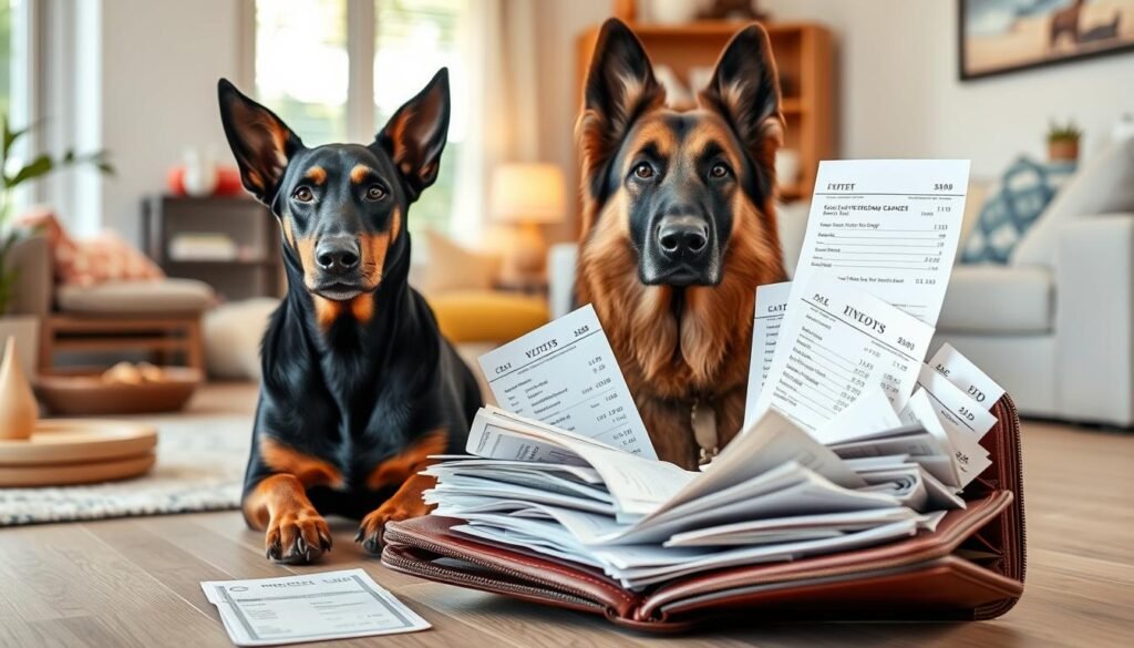 A cost analysis scene illustrating the financial aspects of owning a Doberman and a German Shepherd. In the foreground, a large, open wallet overflowing with various pet-related expenses, such as food bills, veterinary care invoices, and grooming receipts. In the middle ground, a Doberman and a German Shepherd sitting side by side, showcasing their distinctive features and loyal expressions. The background features a cozy living room with dog beds, food bowls, and toys, creating a warm atmosphere. Soft, natural lighting highlights the dogs' fur, and the room is styled with modern decor. The overall mood is informative yet inviting, embodying the responsibilities of pet ownership without any human subjects.