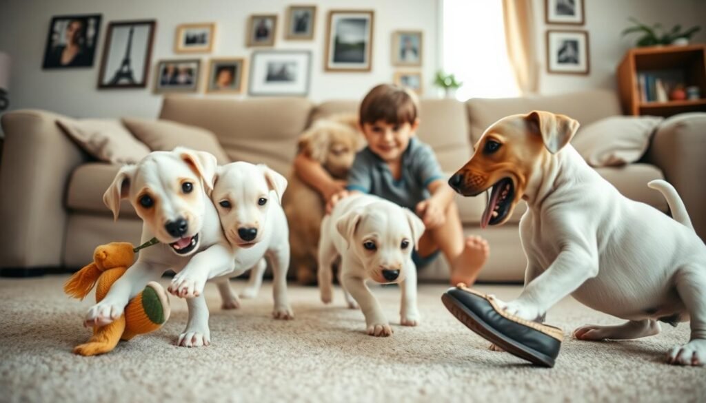 A cozy living room setting featuring playful white Doberman puppies integrating joyfully into a family environment. In the foreground, two puppies are energetically interacting, one playfully tugging on a soft toy while the other playfully paws at a nearby child's shoe. In the middle ground, a smiling child gently pets a puppy, showcasing a warm bond. The background reveals a bright and inviting space with cozy furniture, family photos on the walls, and soft, natural light streaming through a window, creating a welcoming atmosphere. The overall mood is cheerful and heartwarming, emphasizing the loving relationship between the puppies and their new family. The scene is captured using a wide-angle lens to give a sense of depth and inclusivity. A cozy living room setting featuring playful white Doberman puppies integrating joyfully into a family environment. In the foreground, two puppies are energetically interacting, one playfully tugging on a soft toy while the other playfully paws at a nearby child's shoe. In the middle ground, a smiling child gently pets a puppy, showcasing a warm bond. The background reveals a bright and inviting space with cozy furniture, family photos on the walls, and soft, natural light streaming through a window, creating a welcoming atmosphere. The overall mood is cheerful and heartwarming, emphasizing the loving relationship between the puppies and their new family. The scene is captured using a wide-angle lens to give a sense of depth and inclusivity.