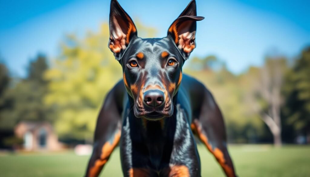 A detailed portrait of a Doberman Labrador mix, showcasing its unique physical characteristics. The dog stands confidently in a sunlit park, highlighting its sleek, muscular frame and a glossy black coat with distinct rust-colored markings. Focus on its expressive, intelligent eyes and strong jawline. The ears are slightly drooped yet alert, typical of the mix, blending the Doberman's elegance with the Lab’s friendly appearance. In the background, soft greenery and a blue sky create a serene atmosphere, while a slight depth of field blurs the distant elements, emphasizing the dog in the foreground. Use natural lighting to capture the rich texture of the fur, presenting an inviting and playful mood. A detailed portrait of a Doberman Labrador mix, showcasing its unique physical characteristics. The dog stands confidently in a sunlit park, highlighting its sleek, muscular frame and a glossy black coat with distinct rust-colored markings. Focus on its expressive, intelligent eyes and strong jawline. The ears are slightly drooped yet alert, typical of the mix, blending the Doberman's elegance with the Lab’s friendly appearance. In the background, soft greenery and a blue sky create a serene atmosphere, while a slight depth of field blurs the distant elements, emphasizing the dog in the foreground. Use natural lighting to capture the rich texture of the fur, presenting an inviting and playful mood.