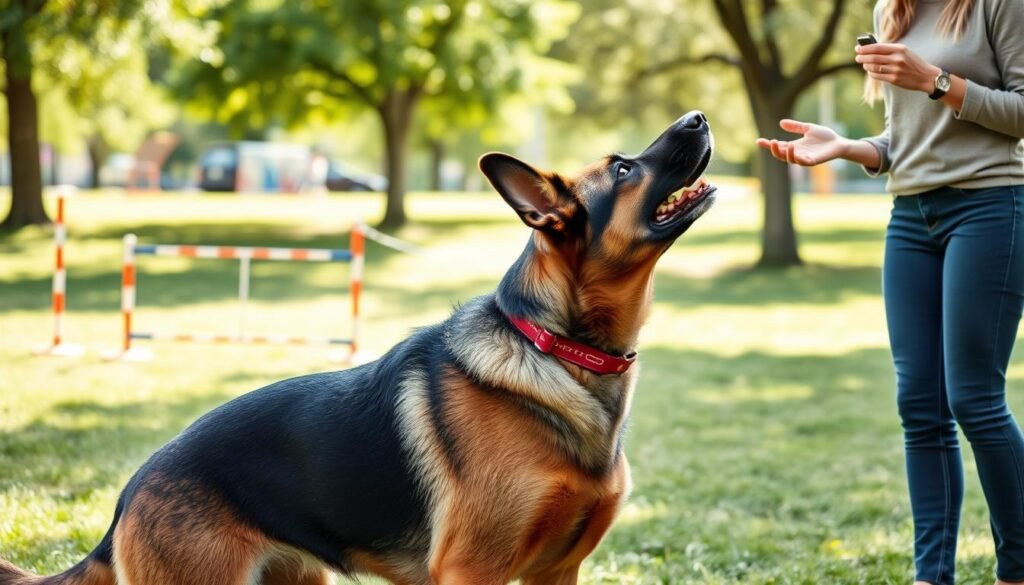 A dynamic scene depicting a German Shepherd-Doberman mix in a training session. In the foreground, a robust, intelligent GSD x Doberman dog is shown performing a obedience command, ears perked up and focused. The trainer, a woman in modest casual clothing, stands confidently nearby, holding a treat and giving clear hand signals to the dog. In the middle ground, agility training equipment such as cones and a tunnel adds context to the training setting. The background reveals a sunny park with lush green grass and trees, creating a vibrant and energizing atmosphere. Soft, natural lighting enhances the scene, showcasing the bond between the trainer and the dog, and the image is captured from a slightly elevated angle to convey action and engagement during the training session. A dynamic scene depicting a German Shepherd-Doberman mix in a training session. In the foreground, a robust, intelligent GSD x Doberman dog is shown performing a obedience command, ears perked up and focused. The trainer, a woman in modest casual clothing, stands confidently nearby, holding a treat and giving clear hand signals to the dog. In the middle ground, agility training equipment such as cones and a tunnel adds context to the training setting. The background reveals a sunny park with lush green grass and trees, creating a vibrant and energizing atmosphere. Soft, natural lighting enhances the scene, showcasing the bond between the trainer and the dog, and the image is captured from a slightly elevated angle to convey action and engagement during the training session.