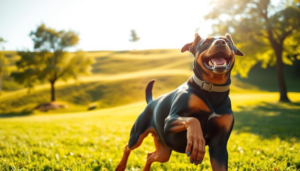 A dynamic scene featuring a Rottweiler-Doberman mix displaying high energy levels in a vibrant outdoor setting. In the foreground, the dog is mid-action, with its athletic body captured in a playful pose, showcasing both its Rottweiler muscularity and Doberman sleekness. The mix has a shiny coat with distinct markings, reflecting the sunlight as it plays with a ball. In the middle ground, a lush green park with gentle slopes creates a lively backdrop, while a few trees provide dappled sunlight. The atmosphere is joyful and energetic, enhancing the sense of playfulness. The image is well-lit, with a warm golden-hour glow, taken from a low angle to emphasize the dog's stature and excitement, evoking a sense of companionship and liveliness.