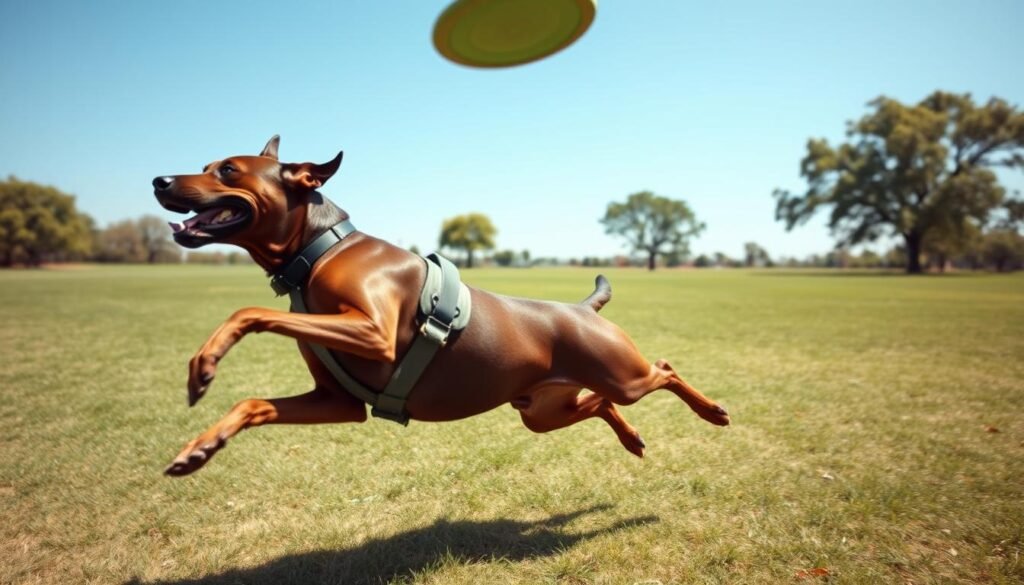 A dynamic scene featuring a muscular Doberman-Pit mix energetically playing in an open park. In the foreground, the dog is captured mid-action, leaping after a flying frisbee, showcasing its athleticism and strength. The dog's glossy, short coat shines under bright sunlight, highlighting its deep chestnut and black markings. In the middle ground, a spacious green field stretches with a few trees dotting the landscape, providing a natural backdrop. A clear blue sky overhead enhances the lively atmosphere. The image is taken from a low angle, emphasizing the dog's powerful stance and joyful expression. Overall, the mood is vibrant and playful, symbolizing the exercise needs of this loyal hybrid breed.