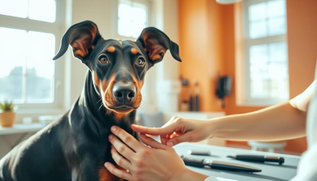 A floppy eared Doberman is being gently groomed by a professional dog groomer in a bright, airy grooming salon. In the foreground, the Doberman sits calmly on a grooming table, displaying its soft, floppy ears and sleek coat. The groomer's hands are carefully brushing the dog's fur, showcasing the bond between them. In the middle, grooming tools like brushes and clippers are organized neatly on the table. The background features warm, inviting colors with sunlight streaming through large windows, illuminating the space and creating a cozy atmosphere. The image conveys a sense of care and trust, highlighting the importance of grooming. The angle focuses on the Doberman's expressive eyes, enhancing the emotional connection with the viewer.