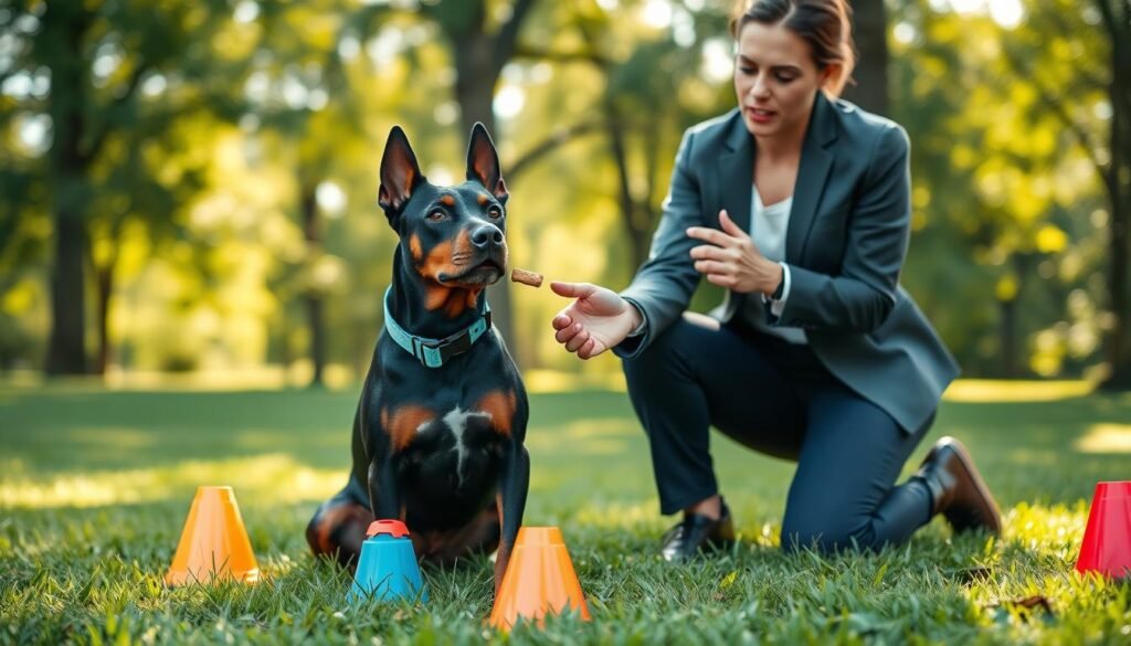 A focused portrait of a playful Doberman Pinscher and Pitbull mix dog, sitting attentively in a lush green park setting. The dog, with a shiny black coat and distinctive tan markings, wears a bright blue collar. In the foreground, an enthusiastic trainer, dressed in a smart casual outfit, kneels beside the dog, extending a treat with encouraging body language. In the middle ground, various training tools like a clicker and colorful agility cones are neatly arranged on the grass. In the background, soft sunlight filters through the trees, creating a warm, inviting atmosphere that enhances the mood of connection and learning. Capture the scene from a low angle, emphasizing the bond between the trainer and the dog, with a slight depth of field to keep the focus sharp on them while softly blurring the background.