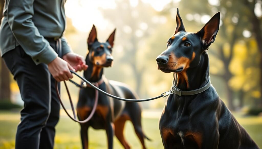 A focused scene depicting a Doberman Pinscher in a training session, showcasing behavioral issues such as pulling on a leash or refusing commands. In the foreground, a trainer, dressed in professional casual attire, is gently but firmly correcting the dog's behavior with a leash and treats. The middle ground features the Doberman, alert but slightly anxious, illustrating the challenge of obedience training. The background includes an outdoor park setting with soft, diffused natural light filtering through the trees, creating a calm and encouraging atmosphere. The image captures the tension and dedication of training a strong-willed breed, emphasizing the importance of patience in this process. The composition should suggest a dynamic training environment, highlighting the relationship between the dog and the handler.