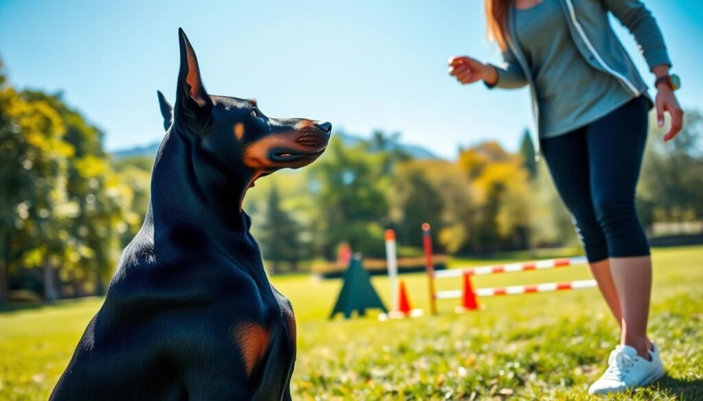 A focused scene depicting a black Doberman Pinscher engaged in training exercises in a park. In the foreground, the dog is sitting attentively, looking towards a trainer, a person dressed in casual but professional attire, holding a treat. The trainer is in a gentle, encouraging posture, showcasing a bond with the dog. In the middle ground, there are training cones and agility equipment set up, indicating a vibrant training session. The background features a sunny park setting with green grass and trees, under a clear blue sky. The lighting is bright and uplifting, enhancing the mood of positivity and learning. The angle captures both the dog's demeanor and the sense of focus during training, emphasizing the importance of socialization and obedience.