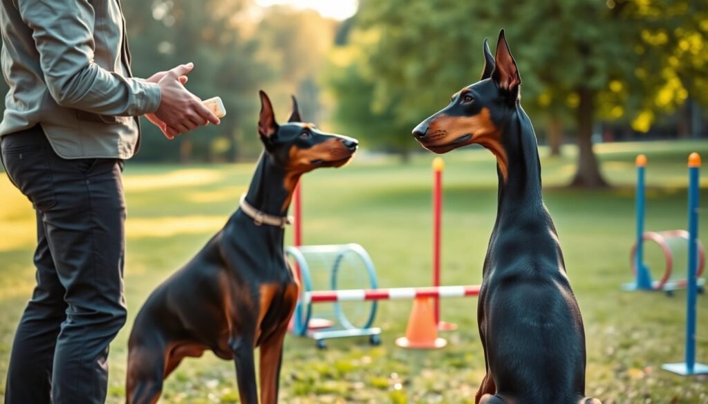 A focused scene depicting a professional dog trainer in a serene outdoor training environment, engaging a well-groomed Doberman in a training session. In the foreground, the trainer, dressed in a smart casual outfit, demonstrates a command, holding a clicker and treats, exuding confidence and authority. The energetic Doberman, attentive and eager to learn, is poised beside the trainer, showcasing its sleek, muscular physique. In the middle ground, colorful training agility equipment such as cones and tunnels are arranged neatly, suggesting a structured training program. The background features a lush green park with soft sunlight filtering through the trees, creating a warm and inviting atmosphere. The perspective should be slightly elevated, capturing both the trainer and the dog clearly, while emphasizing the importance of training in the Doberman ownership experience. The overall mood is positive and focused, illustrating dedication to training.