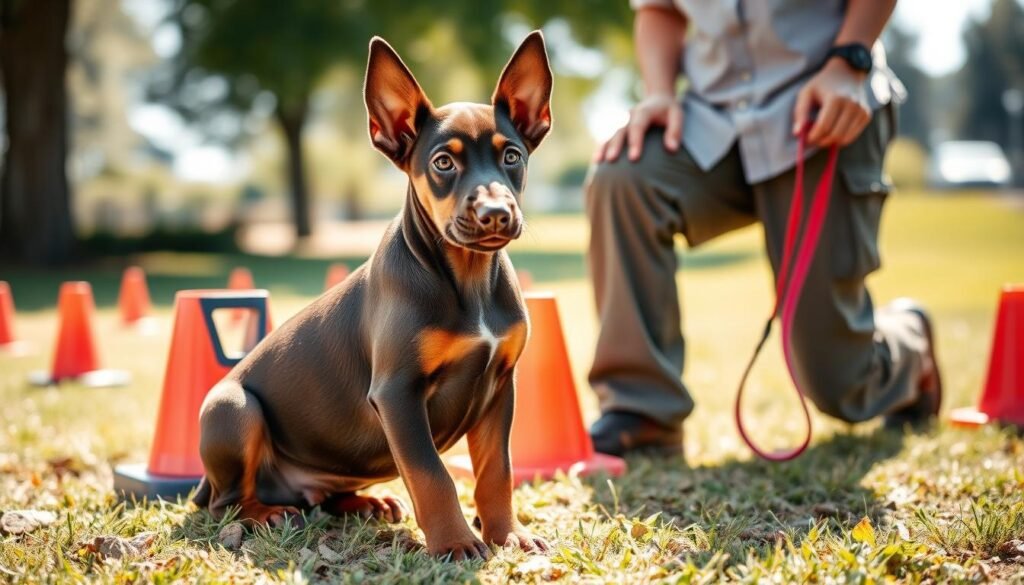 A focused scene of a Doberman Pinscher puppy engaged in training exercises, showcasing its intelligence and eagerness to learn. In the foreground, the puppy, featuring a glossy brown coat, is attentively sitting beside a trainer—a person dressed in modest, casual clothing, embodying patience and guidance. The middle ground highlights training equipment, such as cones and a leash, emphasizing a structured training environment. The background reveals a sunny park setting, with green grass and trees softly blurred, creating a serene atmosphere. Natural sunlight bathes the scene, casting soft shadows, enhancing the warmth and positivity of the moment. The angle captures the excitement of the puppy and the connection with the trainer, embodying the essentials of Doberman Pinscher training. A focused scene of a Doberman Pinscher puppy engaged in training exercises, showcasing its intelligence and eagerness to learn. In the foreground, the puppy, featuring a glossy brown coat, is attentively sitting beside a trainer—a person dressed in modest, casual clothing, embodying patience and guidance. The middle ground highlights training equipment, such as cones and a leash, emphasizing a structured training environment. The background reveals a sunny park setting, with green grass and trees softly blurred, creating a serene atmosphere. Natural sunlight bathes the scene, casting soft shadows, enhancing the warmth and positivity of the moment. The angle captures the excitement of the puppy and the connection with the trainer, embodying the essentials of Doberman Pinscher training.