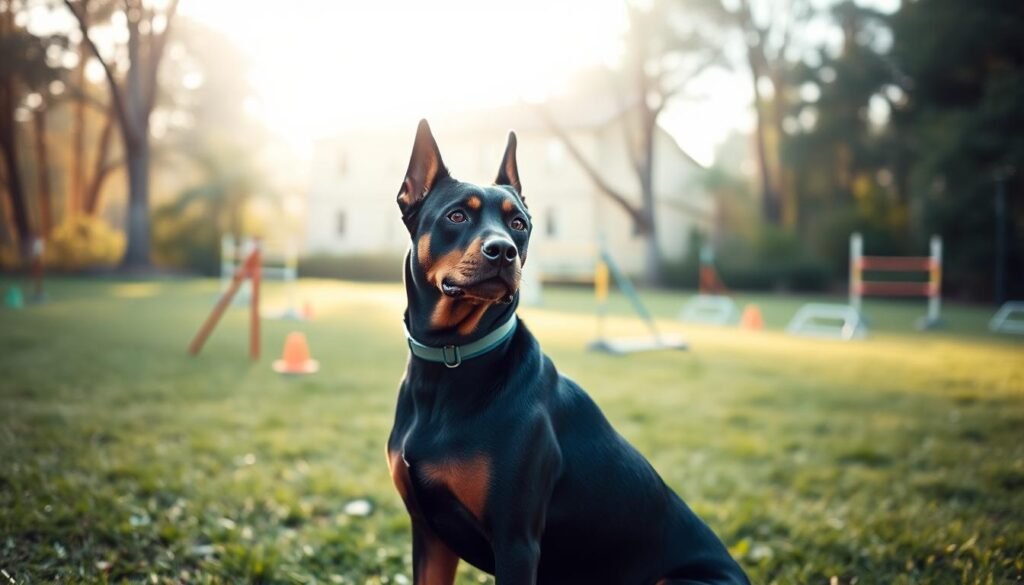 A focused scene of a Doberman Rottweiler mix in a training setting, showcasing its muscular build and sleek coat. In the foreground, the dog is attentively sitting beside a trainer, a middle-aged individual dressed in modest casual clothing. The trainer, with a focused expression, holds a treat to reinforce positive behavior. In the middle ground, a grassy area is dotted with training equipment, such as cones and agility hurdles, emphasizing an active training environment. In the background, soft, diffused sunlight filters through trees, creating a warm and inviting atmosphere. The mood is inspiring and motivational, capturing the essence of companionship and discipline in dog training. The image should be full of life and energy, illustrating the bond between the dog and trainer, while ensuring clarity and detail in the dog's features.