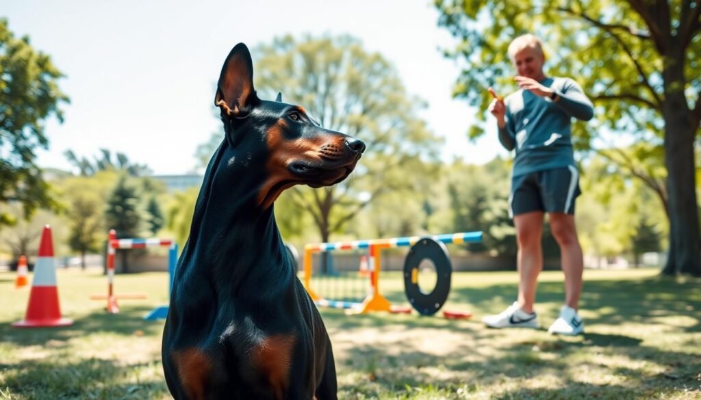 A focused scene of a Doberman Shepherd undergoing training in a sunny park setting. In the foreground, a strong, well-groomed Doberman Shepherd, displaying a sleek black and tan coat, attentively responds to a trainer's commands. The trainer, dressed in comfortable athletic wear, stands confidently, using hand signals and verbal cues. In the middle ground, various training equipment like cones and agility obstacles are arranged, emphasizing the active training session. The background features green trees and a clear blue sky, creating an inviting atmosphere. Soft sunlight casts gentle shadows, enhancing the vibrancy of the colors and adding a sense of warmth and positivity to the visual. The angle is at eye level, capturing the dynamic interaction between the dog and trainer.