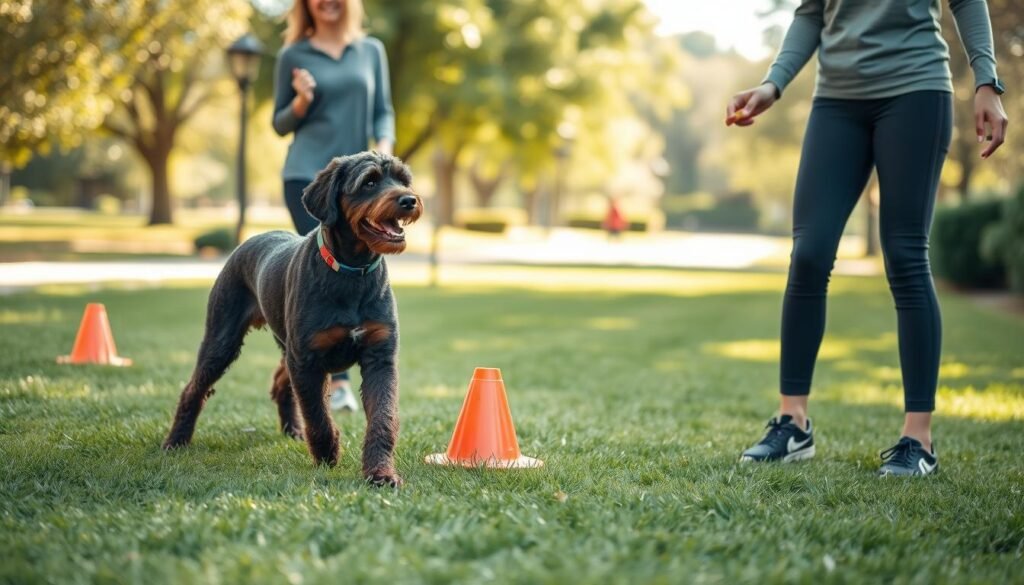 A focused scene showcasing a Doberman Cross Poodle during a training session. In the foreground, the dog—a sleek, muscular mix with a curly coat—actively responds to a trainer’s commands, showcasing its alert expression and enthusiastic stance. The trainer, a young adult in casual, modest athletic wear, holds a treat and encourages the dog with an upbeat demeanor. The middle ground features vibrant green grass dotted with training agility cones, emphasizing a playful training environment. In the background, a sunny park with trees and a gently blurred walking path creates a warm, inviting atmosphere. The image should utilize soft, natural lighting to highlight the dog's shiny coat and the joy of the training experience, capturing a lively and positive mood.