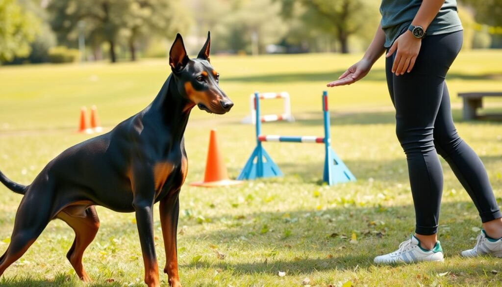 A focused training scene featuring a Doberman Pinscher performing basic commands such as "sit," "stay," and "come." In the foreground, the attentive Doberman stands in a poised position, showcasing its sleek, muscular physique and distinctive cropped ears. The trainer, a person dressed in casual athletic wear, stands nearby, demonstrating positive reinforcement with an open hand holding a treat. In the middle ground, various training equipment like cones and a small agility jump can be seen. The background captures a sunny outdoor park setting, with soft green grass and scattered trees, creating an inviting and energetic atmosphere. Use soft natural lighting to highlight the dog's shiny coat and the trainer's expressions, conveying a mood of focus and connection. The angle should be slightly lower to emphasize the dog's stature and training dynamic.