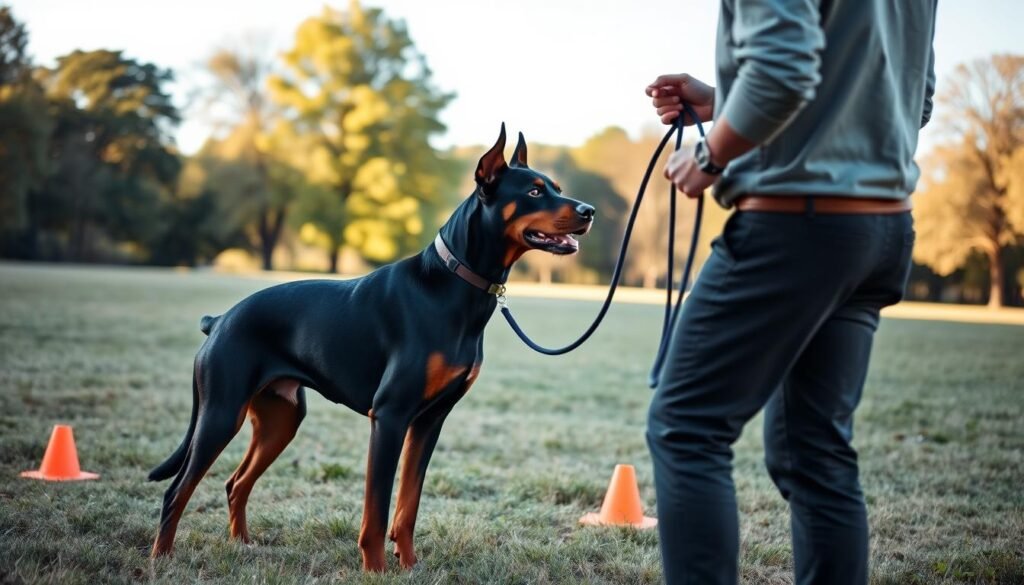 A focused training scene featuring a Doberman and Rottweiler mix, standing proudly in a grassy field under soft, natural sunlight. The dog, with a sleek, muscular build, showcases a striking coat of dark brown and black, exhibiting confident and attentive body language. In the foreground, a professional dog trainer, dressed in modest casual attire, holds a training leash while giving commands, conveying an atmosphere of discipline and teamwork. The middle ground should show a few training tools like cones and treats, subtly placed to enhance the training environment. In the background, a serene park setting with trees and a clear blue sky adds depth to the image, creating a calm and focused mood, ideal for illustrating training expectations for this unique breed mix.