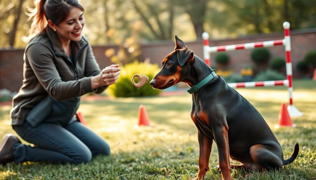 A focused training scene featuring a brown Doberman Pinscher puppy in the foreground, engaged in positive reinforcement training with a professional dog trainer wearing modest casual clothing. The trainer is kneeling, holding a treat, with an encouraging smile, demonstrating a sit command. In the middle ground, a well-manicured garden setting enhances the atmosphere, with training equipment like cones and a agility hurdle subtly placed around. In the background, soft, diffused sunlight filters through the trees, creating a warm and inviting mood. The camera angle captures the intensity of the interaction between the puppy and the trainer in a dynamic and engaging way, emphasizing the bond formed through training. A focused training scene featuring a brown Doberman Pinscher puppy in the foreground, engaged in positive reinforcement training with a professional dog trainer wearing modest casual clothing. The trainer is kneeling, holding a treat, with an encouraging smile, demonstrating a sit command. In the middle ground, a well-manicured garden setting enhances the atmosphere, with training equipment like cones and a agility hurdle subtly placed around. In the background, soft, diffused sunlight filters through the trees, creating a warm and inviting mood. The camera angle captures the intensity of the interaction between the puppy and the trainer in a dynamic and engaging way, emphasizing the bond formed through training.