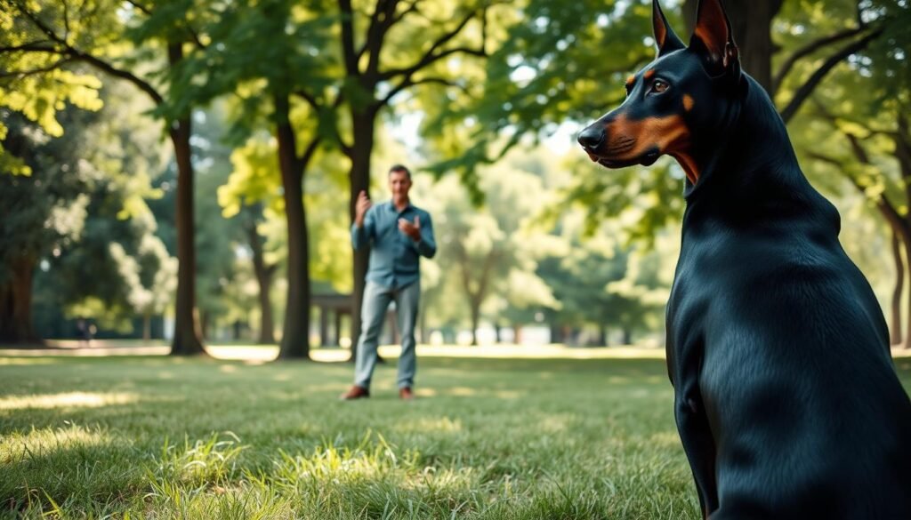 A focused training scene of an all-black Doberman Pinscher in an open park setting. The foreground features a well-groomed Doberman attentively sitting on command, exuding strength and obedience. The middle ground shows a professional dog trainer in modest casual clothing, maintaining eye contact with the dog while using hand signals to instruct. In the background, lush green trees and soft grass create a serene environment, with dappled sunlight filtering through the leaves enhancing the atmosphere of discipline and focus. The angle is slightly low to emphasize the dog's posture, capturing the essence of their training session. The overall mood is energetic yet calm, highlighting the bond between the dog and trainer.
