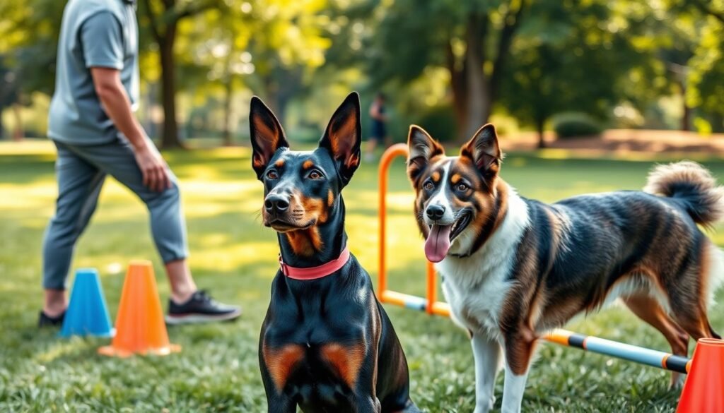 A focused training session in a sunny park featuring a Doberman and an Australian Shepherd mix, both attentive and engaged with their trainer, who is a middle-aged person in casual athletic clothing. In the foreground, the well-groomed Doberman is sitting beside the trainer, showcasing its sleek coat and alert expression, while the mixed breed dog is standing, ears perked up with enthusiasm. The middle ground includes colorful training equipment like cones and hurdles, emphasizing an active atmosphere. The background reveals lush green grass, with soft sunlight filtering through trees, creating a warm and inviting environment. The scene captures a sense of teamwork and dedication, highlighting the importance of training in a calm, positive setting.