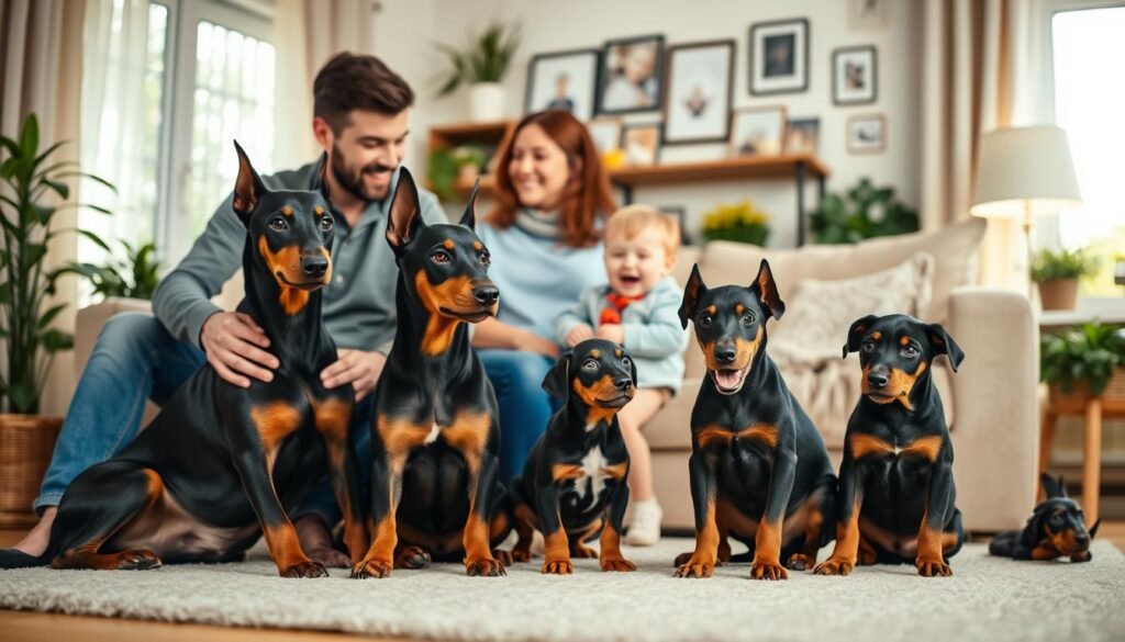 A harmonious scene depicting a Doberman family interaction in a cozy living room setting. In the foreground, a well-groomed Doberman sits calmly beside a couple, both dressed in casual clothing, displaying affection as they gently pet the dog. The middle ground features two playful Doberman puppies, engaging with a small child who is laughing and holding a toy. The background shows a warm, inviting interior with soft lighting from a nearby window, plants, and family photos on the walls, creating a sense of home. The mood is joyful and loving, emphasizing the compatibility of Dobermans with family life. The image is captured with a soft focus lens to enhance the warmth and connection between the family and their pets. A harmonious scene depicting a Doberman family interaction in a cozy living room setting. In the foreground, a well-groomed Doberman sits calmly beside a couple, both dressed in casual clothing, displaying affection as they gently pet the dog. The middle ground features two playful Doberman puppies, engaging with a small child who is laughing and holding a toy. The background shows a warm, inviting interior with soft lighting from a nearby window, plants, and family photos on the walls, creating a sense of home. The mood is joyful and loving, emphasizing the compatibility of Dobermans with family life. The image is captured with a soft focus lens to enhance the warmth and connection between the family and their pets.