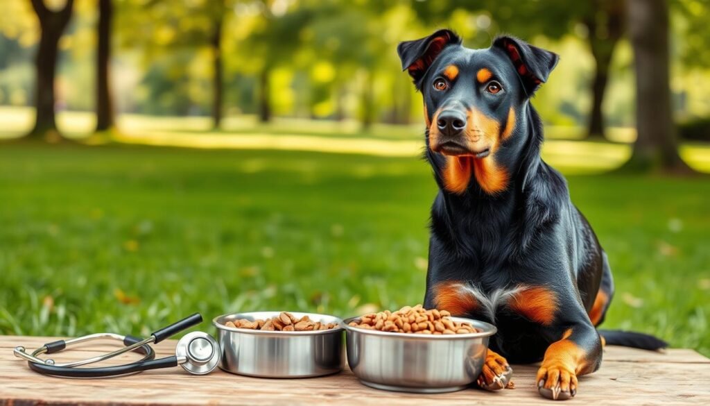 A healthy Doberman Australian Shepherd mix sits prominently in the foreground, showcasing a well-groomed coat with a blend of black and tan fur. Its expressive eyes reflect intelligence and energy. The dog is in a relaxed pose, displaying a fit physique. In the middle ground, there are elements symbolizing health considerations, such as a veterinary stethoscope and a bowl of high-quality dog food, arranged neatly. The background features a serene park setting with green grass and trees, under soft, natural lighting that conveys a calm and healthy atmosphere. The angle is slightly elevated to capture the dog and its environment, emphasizing the importance of a balanced lifestyle for mixed breeds. The overall mood is informative yet inviting, perfect for a health-focused discussion.