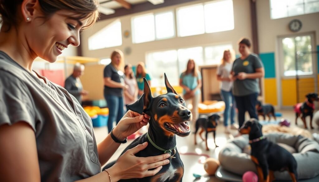 A heartwarming scene at a Doberman rescue organization in Florida, showcasing a diverse group of volunteers caring for playful Doberman puppies. In the foreground, a smiling female volunteer in casual, modest clothing is interacting with an eager Doberman, gently patting its head. The middle section features a cozy shelter environment with bright, inviting colors, dog beds, and toys scattered around. In the background, sunlight streams through large windows, illuminating the space and creating a warm, welcoming atmosphere. The overall mood exudes compassion and dedication, emphasizing the joys of dog rescue and adoption. Capture a slightly elevated angle to provide perspective on the caring interactions within the rescue center, highlighting both human and canine connections. A heartwarming scene at a Doberman rescue organization in Florida, showcasing a diverse group of volunteers caring for playful Doberman puppies. In the foreground, a smiling female volunteer in casual, modest clothing is interacting with an eager Doberman, gently patting its head. The middle section features a cozy shelter environment with bright, inviting colors, dog beds, and toys scattered around. In the background, sunlight streams through large windows, illuminating the space and creating a warm, welcoming atmosphere. The overall mood exudes compassion and dedication, emphasizing the joys of dog rescue and adoption. Capture a slightly elevated angle to provide perspective on the caring interactions within the rescue center, highlighting both human and canine connections.