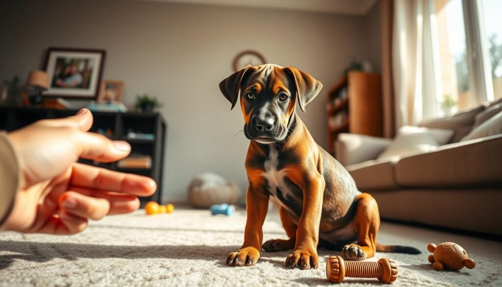A heartwarming scene depicting a Boxer Doberman mix puppy, sitting playfully in a sunlit living room, with a cozy, inviting atmosphere. The puppy has a sleek coat with a mix of rich brown and black colors, showcasing distinct markings that reflect both breeds. In the foreground, a gentle hand of a person, dressed in casual attire, reaches out to the puppy, conveying a sense of warmth and connection. The middle ground features a few dog toys scattered around, hinting at a playful environment. In the background, a cheerful family photo hangs on the wall, adding a touch of homeliness. The soft, diffused natural light filters through a nearby window, casting a warm glow over the scene, evoking an emotional mood of love and companionship. A heartwarming scene depicting a Boxer Doberman mix puppy, sitting playfully in a sunlit living room, with a cozy, inviting atmosphere. The puppy has a sleek coat with a mix of rich brown and black colors, showcasing distinct markings that reflect both breeds. In the foreground, a gentle hand of a person, dressed in casual attire, reaches out to the puppy, conveying a sense of warmth and connection. The middle ground features a few dog toys scattered around, hinting at a playful environment. In the background, a cheerful family photo hangs on the wall, adding a touch of homeliness. The soft, diffused natural light filters through a nearby window, casting a warm glow over the scene, evoking an emotional mood of love and companionship.