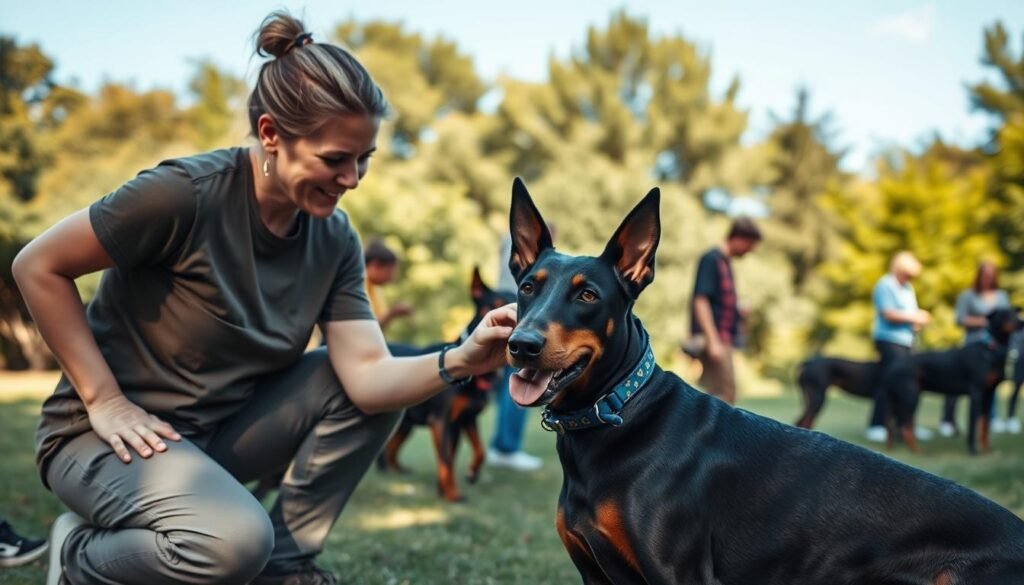 A heartwarming scene depicting a Doberman rescue initiative in a serene outdoor park setting. In the foreground, a compassionate volunteer in modest casual clothing kneels beside a friendly Doberman, gently petting it, showcasing the bond between them. In the middle ground, additional volunteers engage with other Dobermans, emphasizing the teamwork involved in the rescue process. The background features lush greenery and a clear blue sky, enhancing the atmosphere of hope and community. Soft, natural lighting illuminates the scene, creating a warm, inviting mood. The shot is captured from a slightly elevated angle to provide a comprehensive view of the active engagement, promoting a sense of involvement and dedication to Doberman rescue efforts.