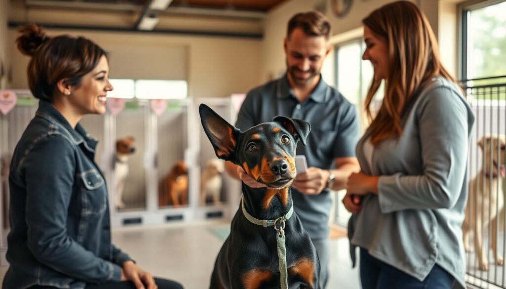 A heartwarming scene depicting the "doberman adoption process" in a welcoming shelter environment. In the foreground, a friendly Doberman puppy with a shiny coat and bright eyes is playfully interacting with a smiling adult couple, both dressed in casual but tidy clothing, embodying a loving atmosphere. In the middle, a shelter employee, wearing a professional polo shirt, is discussing the adoption paperwork with the couple, showcasing a clear focus on communication and support. In the background, various beautifully decorated dog kennels line the walls, with other dogs visible, creating a sense of community. Soft, natural lighting filters through large windows, casting a warm glow that enhances the cozy atmosphere. The overall mood is joyful and hopeful, emphasizing the positive experience of adopting a pet.