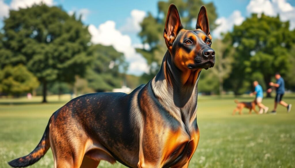 A large, muscular German Shepherd-Doberman mix stands confidently in a sunny park, showcasing its loyal and protective demeanor. The dog has a blend of features: a sleek, short coat with a mix of black and brown brindle patterns, along with floppy ears typical of the Doberman, giving it an approachable look. In the foreground, the dog gazes attentively, embodying intelligence and alertness. In the middle ground, a lush green field features trees and a distant dog owner playing fetch, emphasizing companionship. The background includes a bright blue sky with soft, fluffy clouds, creating a cheerful and vibrant atmosphere. The lighting is warm and natural, emphasizing the dog's athletic build and expressive face, capturing the essence of a friendly, devoted companion full of energy and playfulness.