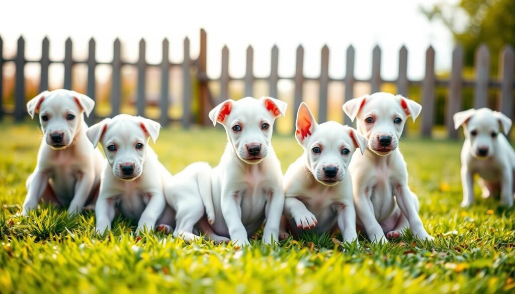 A litter of adorable white Doberman puppies sitting playfully on a soft, grassy lawn. The foreground showcases the puppies with their distinctive white fur and elegant, well-defined physiques, their bright blue eyes sparkling with curiosity and mischief. In the middle ground, a few puppies are playfully interacting with one another, showcasing their friendly and energetic temperament. The background features a warm, sunny day with soft, diffused natural lighting, highlighting the puppies’ glossy coats and the lush green of the grass. A simple wooden fence can be seen in the distance, adding charm to the scene. The overall mood is cheerful and inviting, perfect for a setting that conveys the excitement of finding a loving pet. A litter of adorable white Doberman puppies sitting playfully on a soft, grassy lawn. The foreground showcases the puppies with their distinctive white fur and elegant, well-defined physiques, their bright blue eyes sparkling with curiosity and mischief. In the middle ground, a few puppies are playfully interacting with one another, showcasing their friendly and energetic temperament. The background features a warm, sunny day with soft, diffused natural lighting, highlighting the puppies’ glossy coats and the lush green of the grass. A simple wooden fence can be seen in the distance, adding charm to the scene. The overall mood is cheerful and inviting, perfect for a setting that conveys the excitement of finding a loving pet.