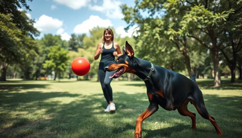 A lively Doberman Pinscher energetically exercising in a lush, green park during a sunny day. In the foreground, the Doberman, with its sleek black and tan coat, is enthusiastically playing fetch with a bright red ball, showcasing its athleticism and muscular build. In the middle ground, a person dressed in casual athletic wear stands enthusiastically, encouraging the dog, with a gentle smile, reinforcing the bond between them. The background features a clear blue sky dotted with fluffy white clouds and trees providing dappled shade, enhancing the outdoor setting. Soft, natural lighting illuminates the scene, creating a warm and inviting atmosphere, emphasizing the importance of physical activity for the Doberman's overall well-being. The angle is slightly low, capturing the dog's playful spirit and energy. A lively Doberman Pinscher energetically exercising in a lush, green park during a sunny day. In the foreground, the Doberman, with its sleek black and tan coat, is enthusiastically playing fetch with a bright red ball, showcasing its athleticism and muscular build. In the middle ground, a person dressed in casual athletic wear stands enthusiastically, encouraging the dog, with a gentle smile, reinforcing the bond between them. The background features a clear blue sky dotted with fluffy white clouds and trees providing dappled shade, enhancing the outdoor setting. Soft, natural lighting illuminates the scene, creating a warm and inviting atmosphere, emphasizing the importance of physical activity for the Doberman's overall well-being. The angle is slightly low, capturing the dog's playful spirit and energy.