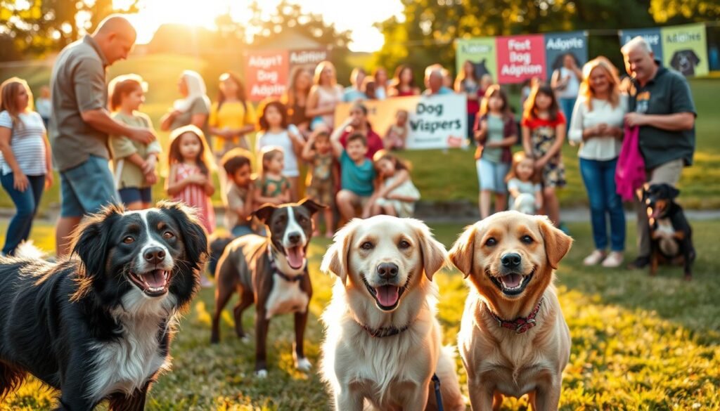 A lively scene depicting various mixed breed dogs, showcasing their unique characteristics and expressions. In the foreground, a few friendly, playful mixed breeds—such as a black and white border collie mix, a golden retriever mix, and a small terrier mix—are interacting with children and adults in a sunny park setting. The middle ground features a diverse group of families engaged in adopting dogs, with an array of joyful faces and open arms. In the background, a grassy area with colorful banners promoting dog adoption and welfare creates a vibrant atmosphere. Soft golden hour lighting bathes the scene, enhancing the warmth and excitement of dog adoption. The overall mood is cheerful and hopeful, highlighting the growing trends in mixed breed adoption.