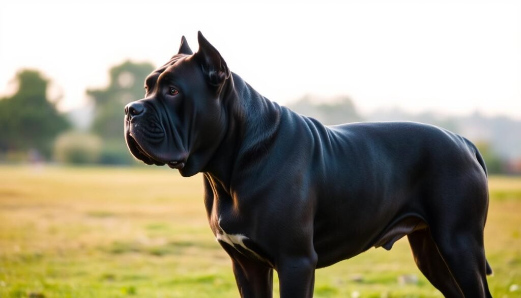 A majestic Cane Corso stands confidently in the foreground, showcasing its powerful build and alert expression. The dog's coat, a glossy black, gleams under soft, warm lighting, highlighting its muscular physique and gentle features. In the middle ground, a tranquil park setting offers a grassy area with a few trees, suggesting a calm environment. The background fades into a softly blurred horizon, evoking a serene atmosphere. The angle captures the Cane Corso in a slight profile, emphasizing its noble demeanor and watchful eyes. The overall mood is one of strength tempered by loyalty, reflecting the breed’s temperament traits of protectiveness and affection.