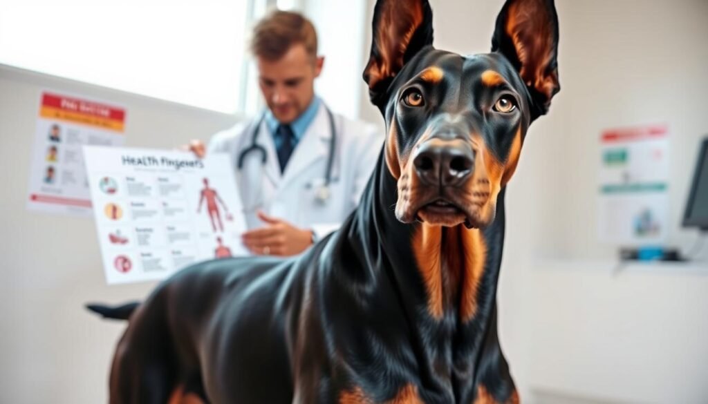 A majestic Doberman Pinscher stands proudly in the foreground, showcasing its sleek, muscular build and glossy black and tan coat. The dog's expressive eyes convey intelligence and loyalty, capturing the essence of the breed. In the middle ground, a veterinarian in a white lab coat examines a health chart, which highlights common health issues specific to Dobermans, emphasizing their importance in overall care. The background features a serene veterinary clinic with health posters and a window letting in soft, natural light, creating a calm and reassuring atmosphere. The image is shot from a slightly elevated angle to provide a comprehensive view of the scene, with a focus on the bond between the dog and the vet, underscoring the importance of health considerations for Doberman Pinschers.