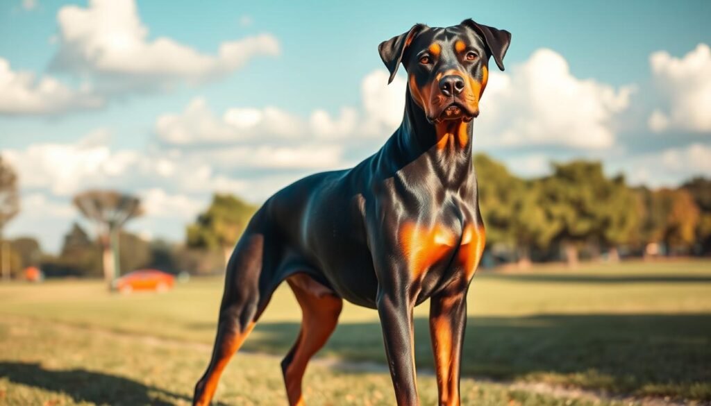 A majestic Doberman-Rottweiler mix stands proudly in the foreground, showcasing its muscular build and distinctive coat patterns of deep black and rich mahogany. The dog's expressive eyes convey intelligence and loyalty. In the middle ground, a lush green park setting enhances the mix's athleticism, with a few scattered trees and a soft path that invites exploration. The background features a clear blue sky with fluffy white clouds, adding serenity to the scene. The lighting is warm, casting gentle shadows that highlight the dog's sleek coat, captured with a shallow depth of field to draw attention to the subject. The overall mood is vibrant and energetic, celebrating the unique blend of two iconic breeds in a serene outdoor setting. A majestic Doberman-Rottweiler mix stands proudly in the foreground, showcasing its muscular build and distinctive coat patterns of deep black and rich mahogany. The dog's expressive eyes convey intelligence and loyalty. In the middle ground, a lush green park setting enhances the mix's athleticism, with a few scattered trees and a soft path that invites exploration. The background features a clear blue sky with fluffy white clouds, adding serenity to the scene. The lighting is warm, casting gentle shadows that highlight the dog's sleek coat, captured with a shallow depth of field to draw attention to the subject. The overall mood is vibrant and energetic, celebrating the unique blend of two iconic breeds in a serene outdoor setting.