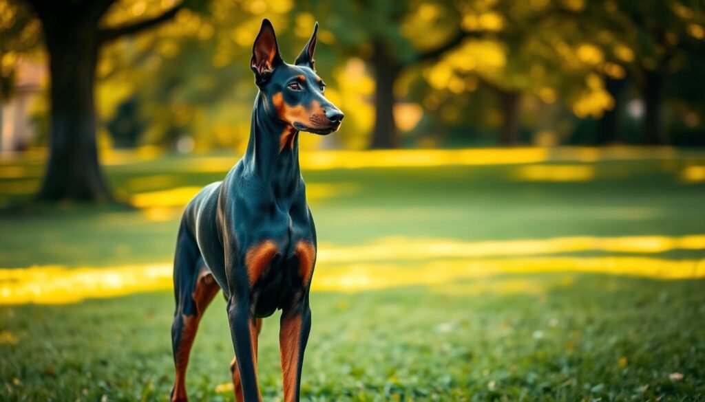 A majestic Doberman in a natural setting, showcasing its distinctive breed characteristics: sleek black and rust-colored coat, strong muscular build, and poised stance. In the foreground, the dog stands gracefully, ears perked and alert, displaying its confident demeanor. In the middle background, a soft focus highlights a lush green lawn, with trees creating a serene backdrop, while warm, golden sunlight filters through the branches, casting gentle dappled shadows. The overall atmosphere is one of vitality and elegance. The image should be captured with a shallow depth of field to emphasize the Doberman and let the environment blend softly, creating an inviting and informative visual that reflects the nobility and charm of the breed. A majestic Doberman in a natural setting, showcasing its distinctive breed characteristics: sleek black and rust-colored coat, strong muscular build, and poised stance. In the foreground, the dog stands gracefully, ears perked and alert, displaying its confident demeanor. In the middle background, a soft focus highlights a lush green lawn, with trees creating a serene backdrop, while warm, golden sunlight filters through the branches, casting gentle dappled shadows. The overall atmosphere is one of vitality and elegance. The image should be captured with a shallow depth of field to emphasize the Doberman and let the environment blend softly, creating an inviting and informative visual that reflects the nobility and charm of the breed.